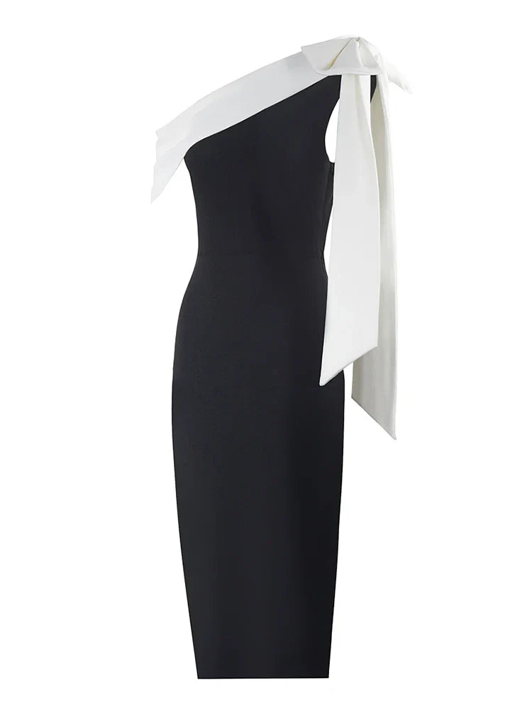Black One Shoulder Contrast Tie Up Midi Dress