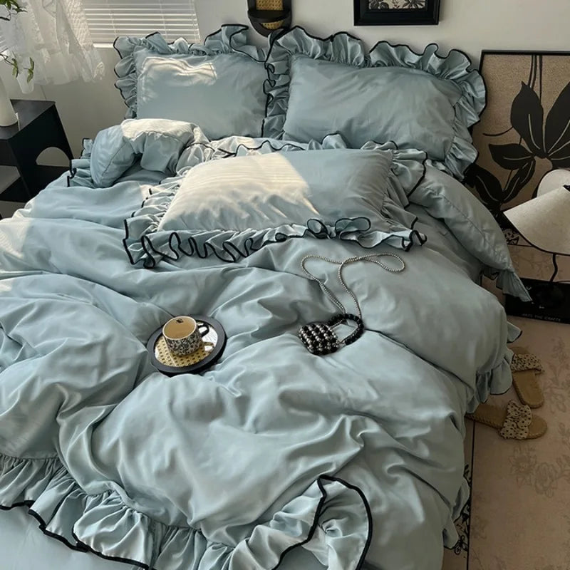 2025 summer ice silk Korean large lace washed silk four-piece set lace mattress cool bed sheet summer bedding