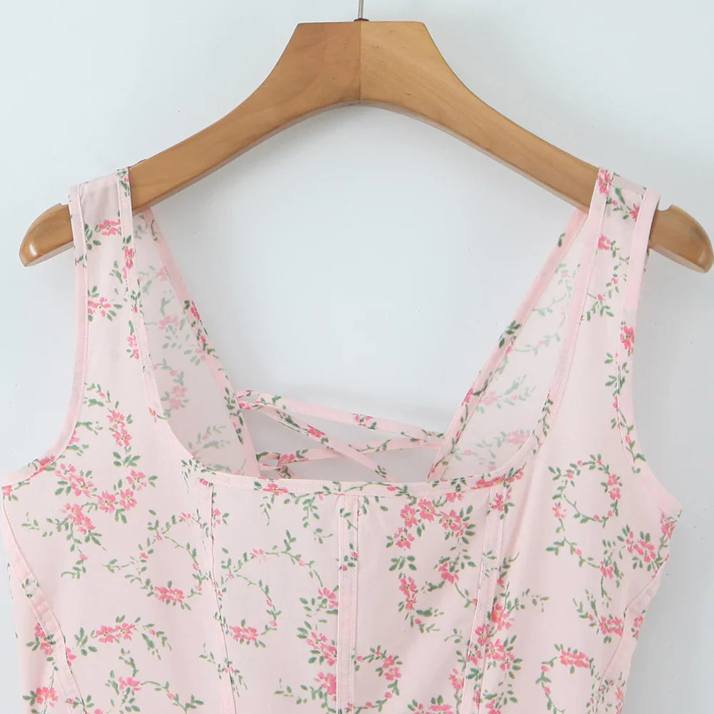 Pink Floral Print Lace Up Square Neck Midi Dress