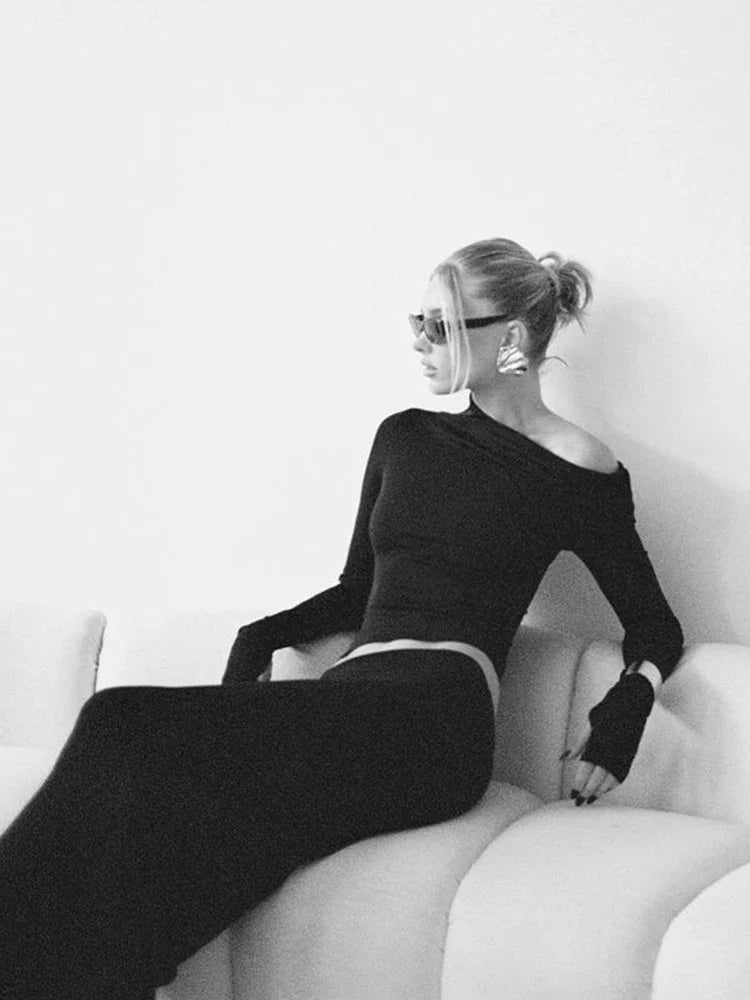 Black Off-shoulder Long Sleeve Top And Maxi Skirt Set
