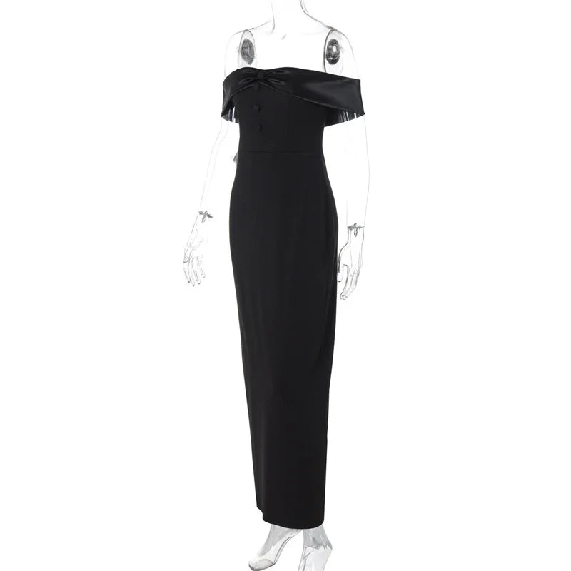 Black Off-shoulder Satin Buttoned Maxi Dress