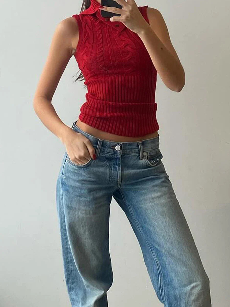 Knit Turtleneck Buttoned Tank Top With Removable Sleeve