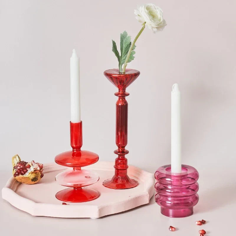 Creative Red Glass Taper Candle Holder Christmas Gift Wedding Table Decoration Home Decoration DryFlower Vase