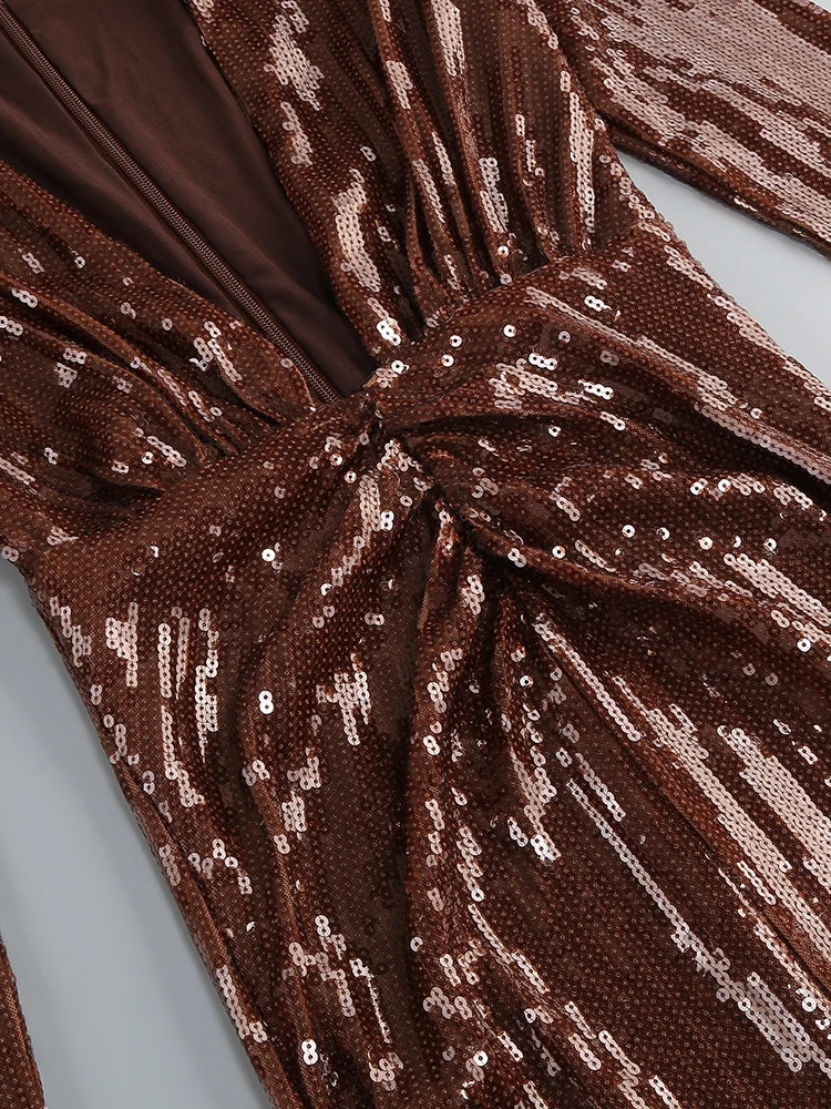 Brown Sequin Deep V Neck Long Sleeve Midi Dress