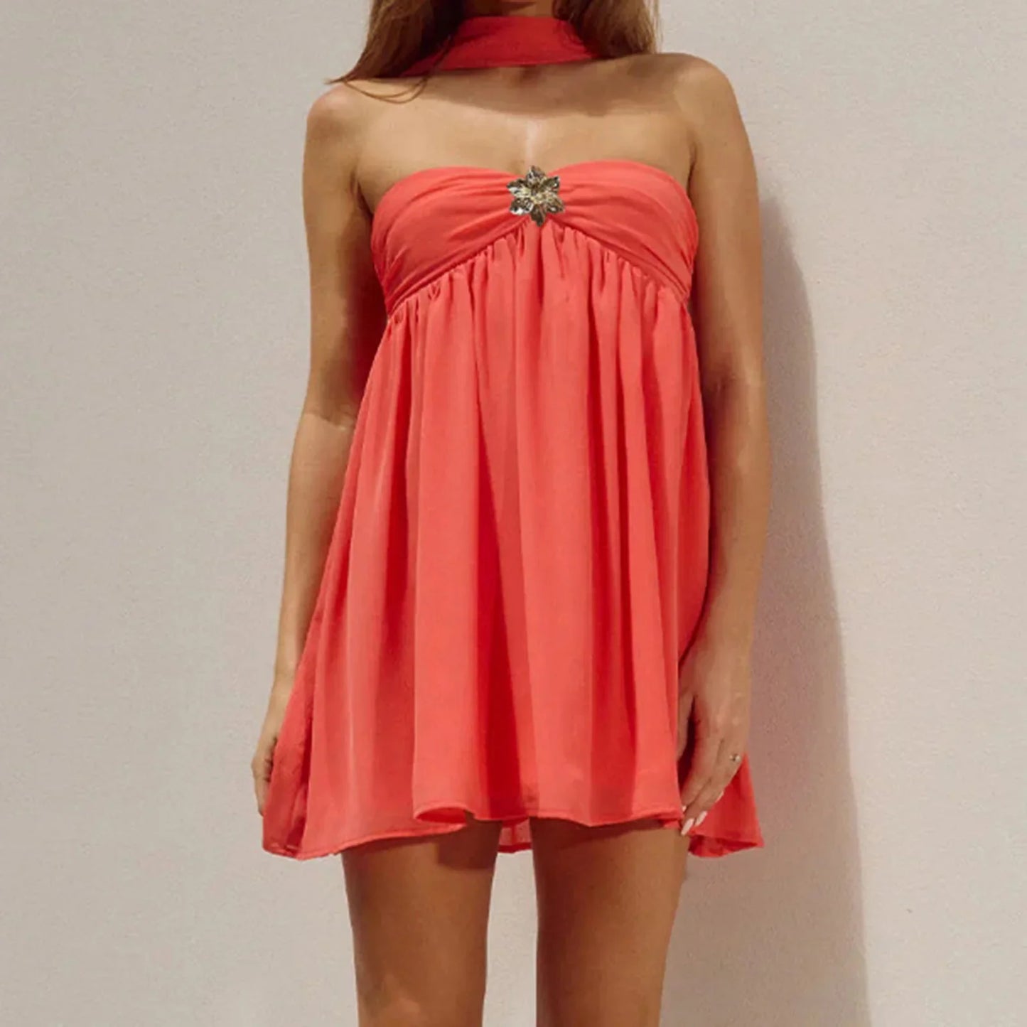 Ruffles Babydoll Strapless Metal Flower Mini Dress