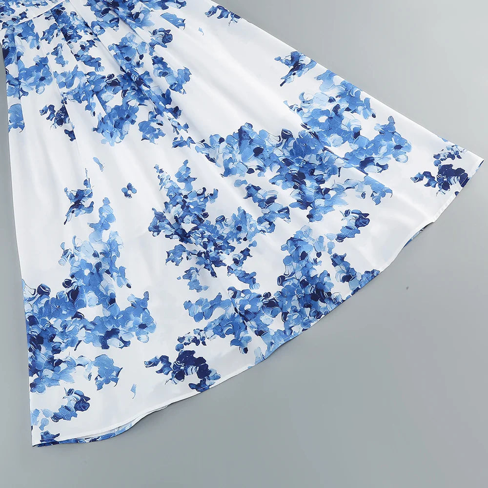 Floral Print Tie Up Buster Flare Mesh Midi Dress