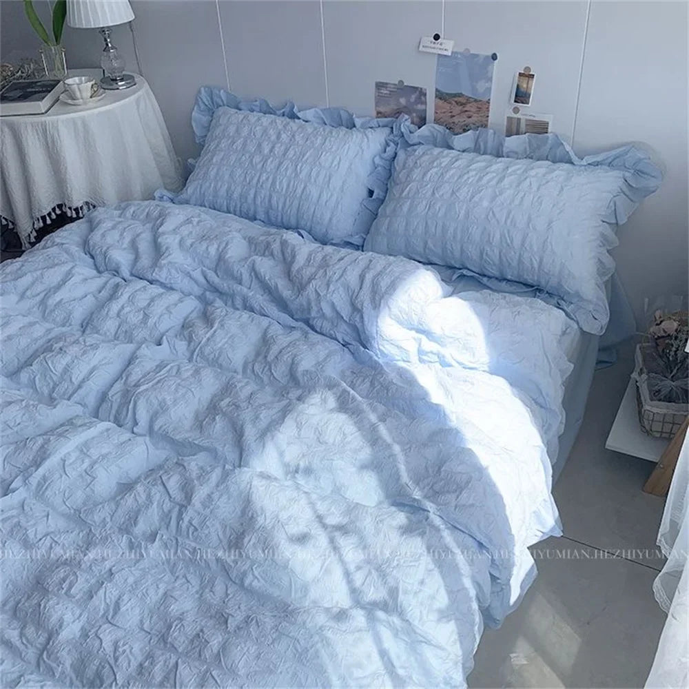 INS Girl Blue Bedding Sets Solid Color Seersucker Ruffles Lace Kawaii Soft Sheet Woman Duvet Cover Pillow Covers Quilt Cover