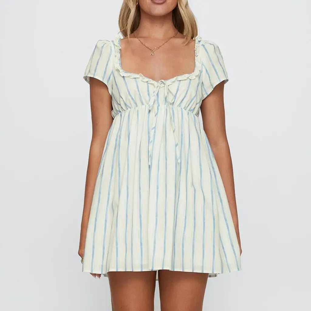 Ruffled Trim Square Neck Short Sleeve A-line Mini Dress