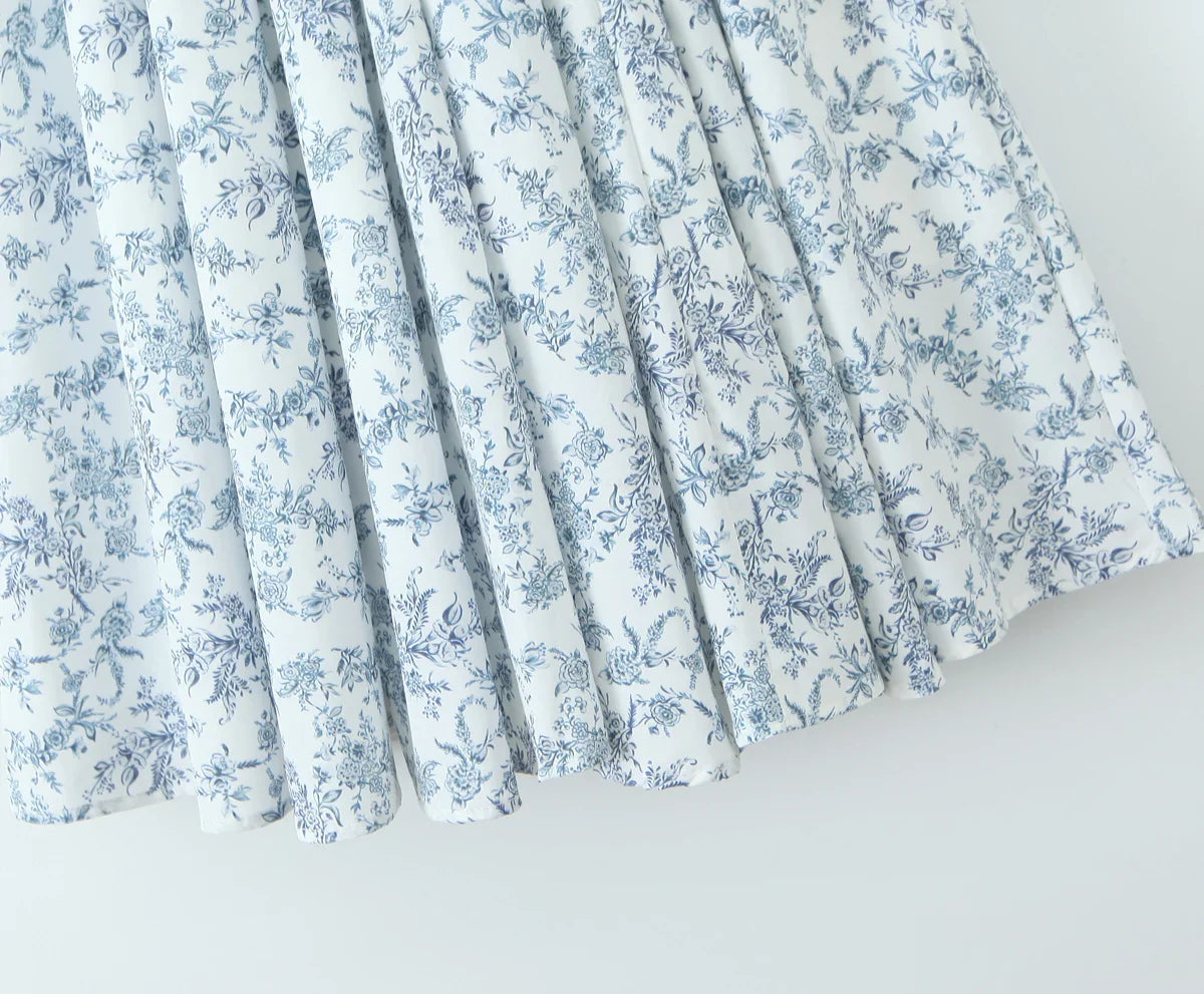 Blue Floral Corset Strapless Midi Dress