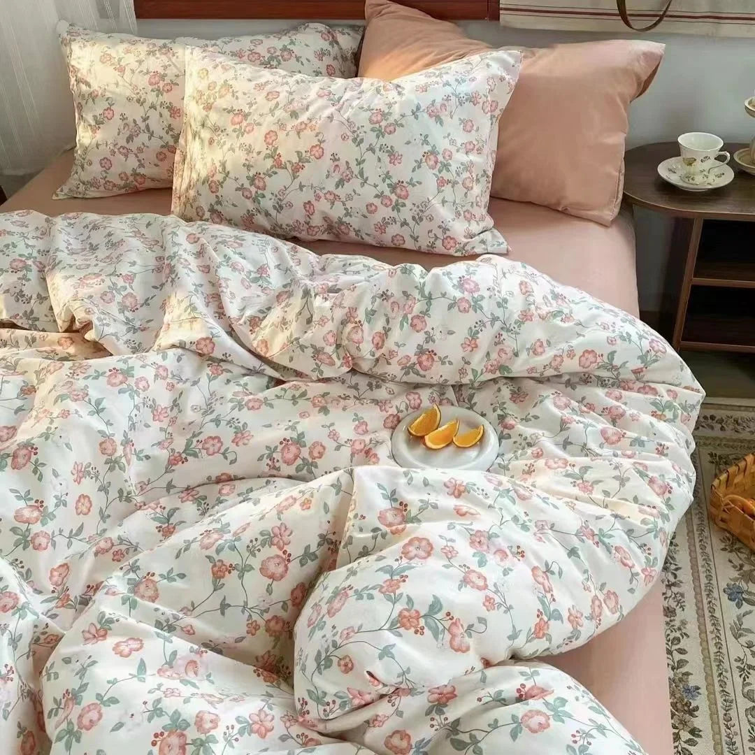 Romantic Cherry Heart Duvet Cover Set Flat Sheet Pillowcases Fashion New Twin Full Floral Summer Spring Bedding Set