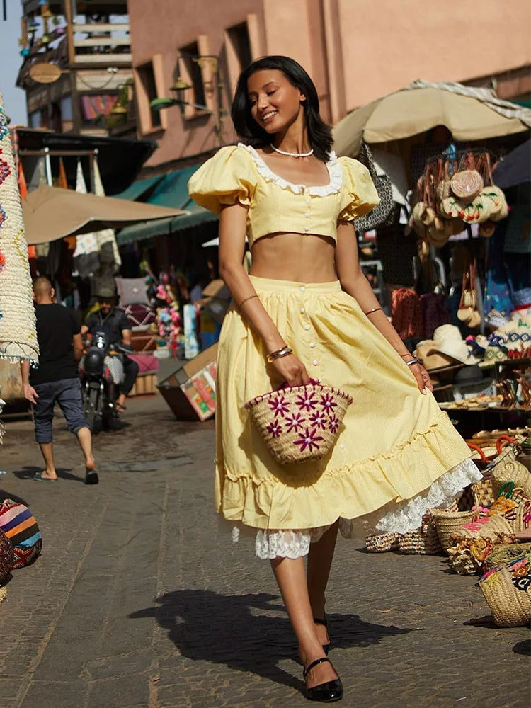 Yellow Gingham Printed Crop Top And Maxi Skirt Set
