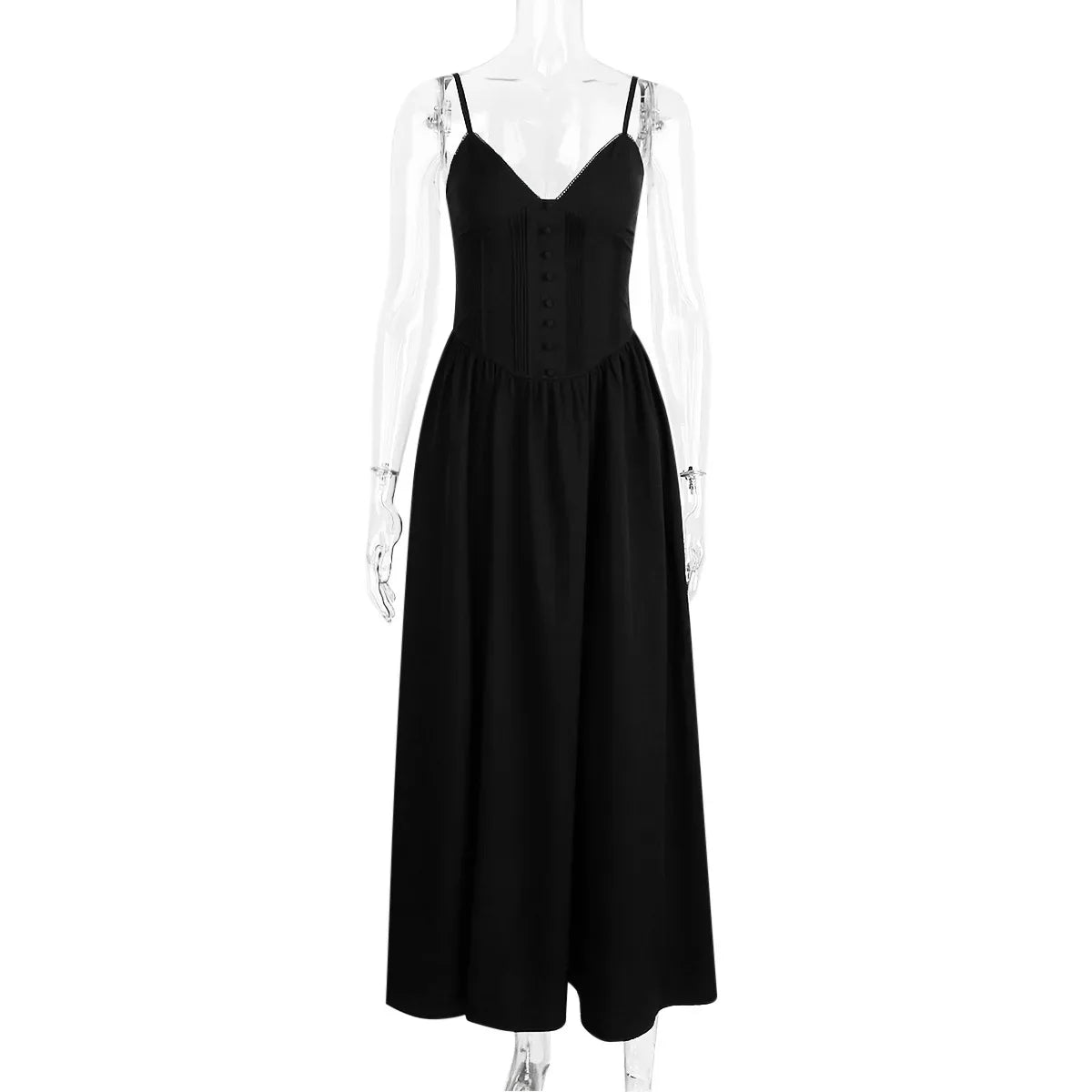 Black Buttoned V-Neck Spaghetti Strap Maxi Dress