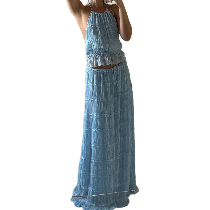 Blue Smocked Open Back Top And Drawstring Long Tiered Skirt
