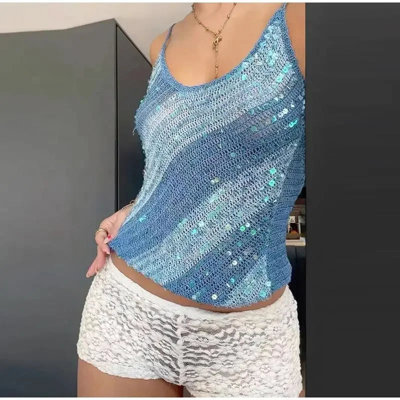 Blue Sequins Knitted Tank Top