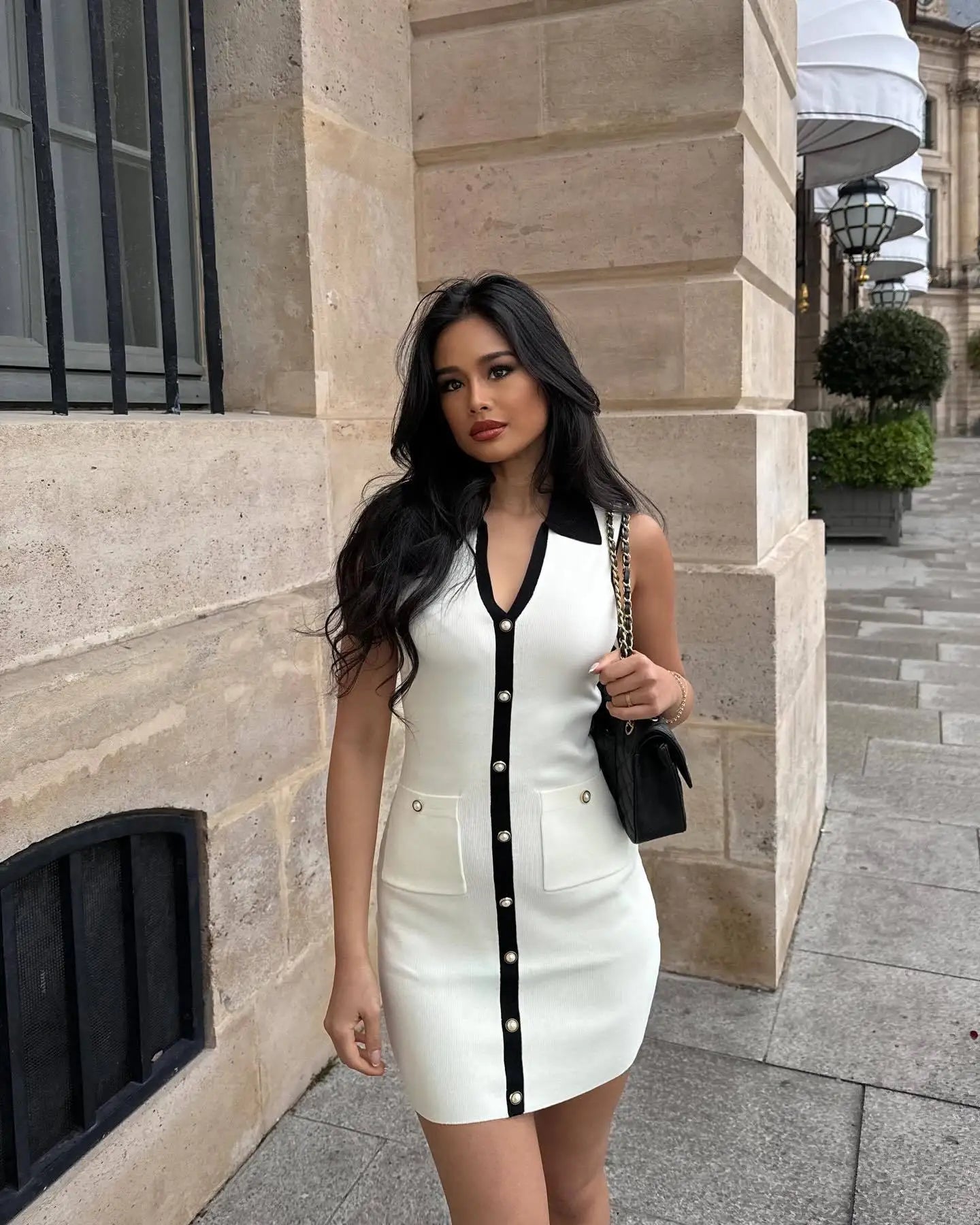 White Contrast Buttoned Collar Mini Dress