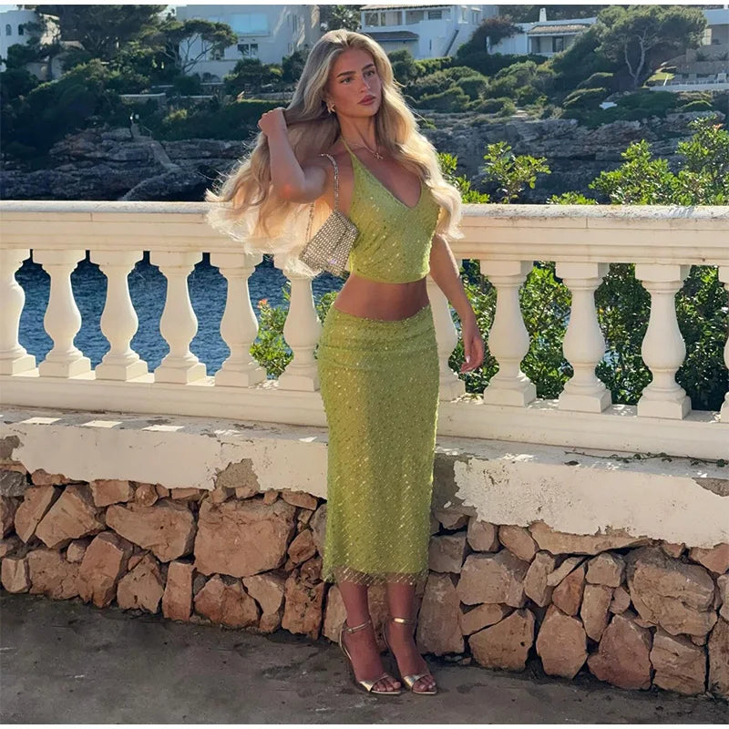 Green Sequin V-neck Halter Tie And Midi Skirt Set