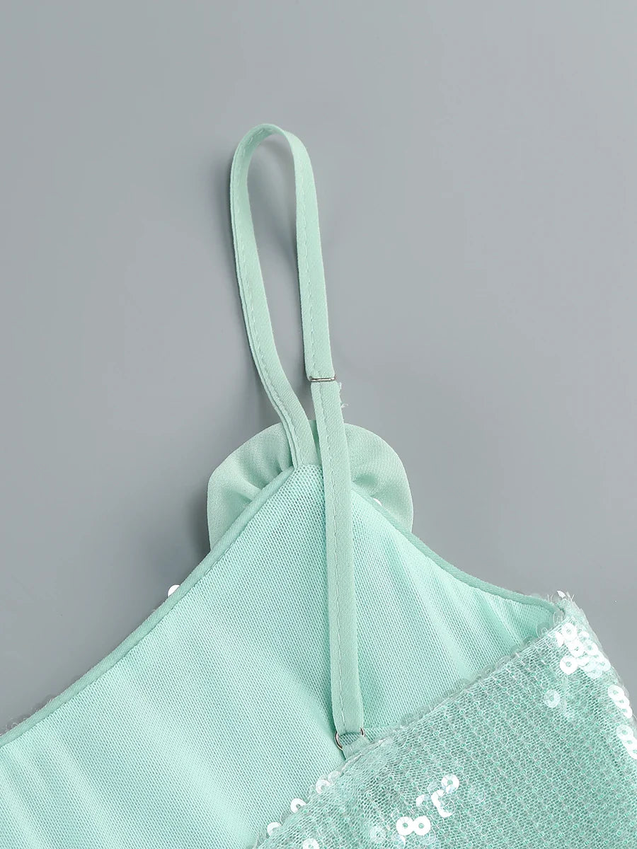 Green Sequin Strap Pleated Flower Mini Dress