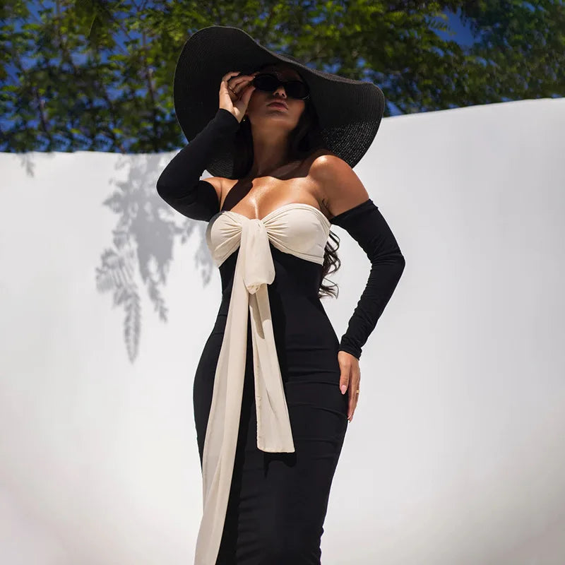 Black Patchwork Tie Up Off-shoulder Maxi Dress