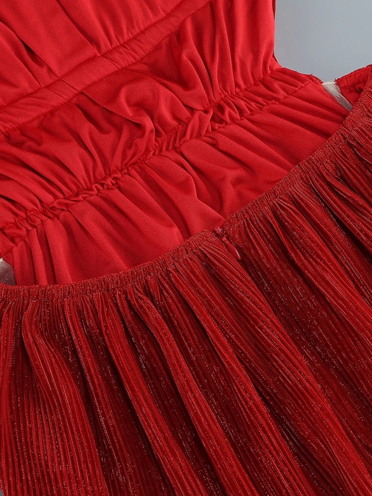 Red Pleated Halter Open Back Maxi Dress
