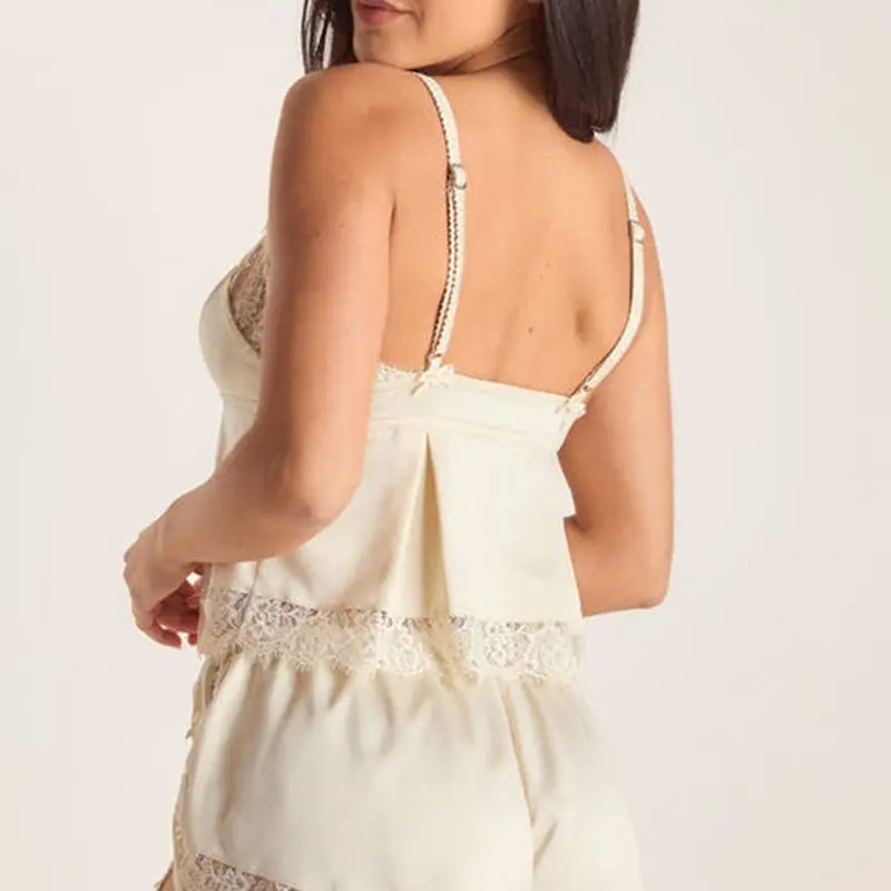 Lace Trim Satin Tie Up Cami Top And Shorts Pj Set