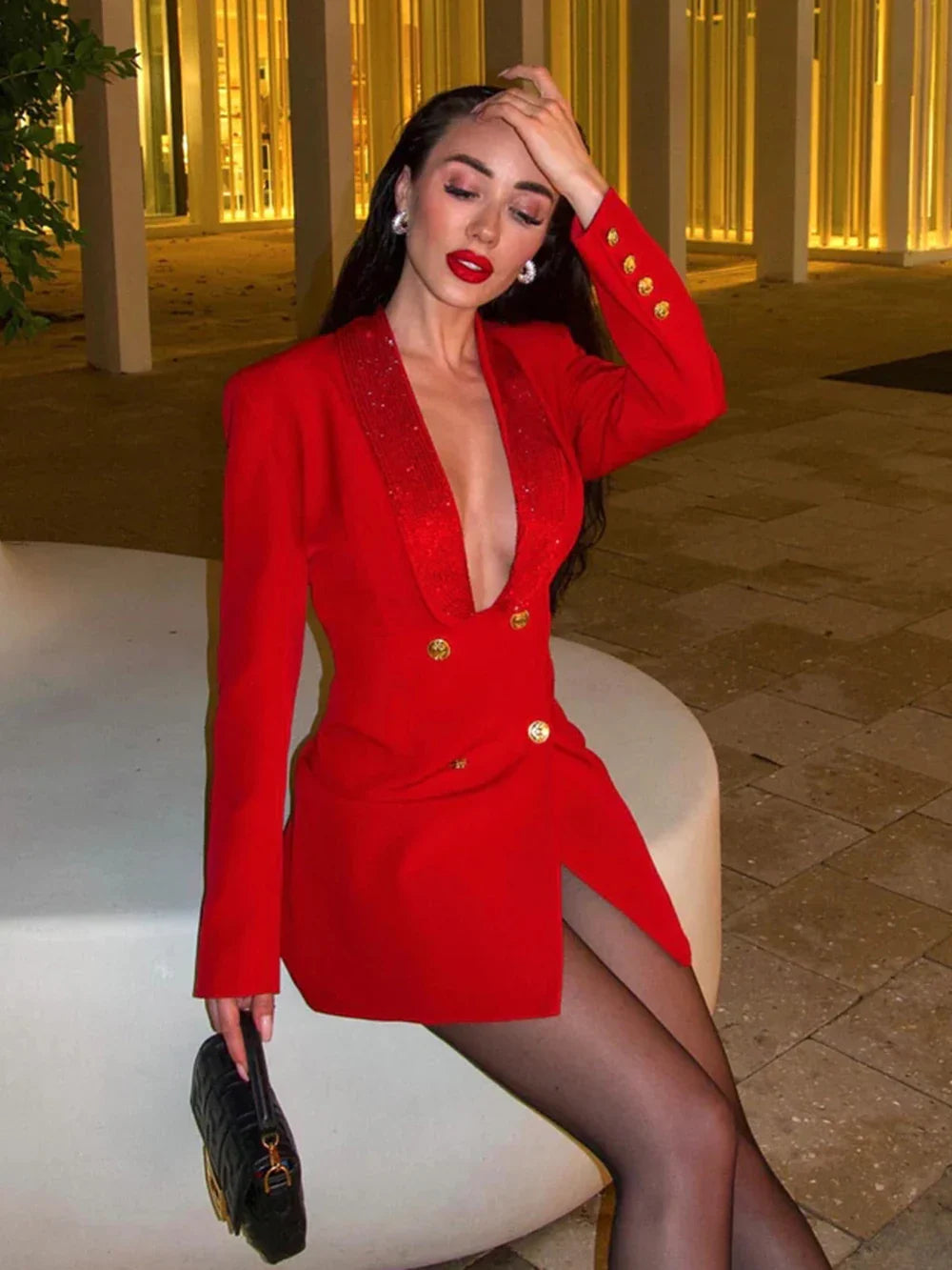 Red Sequin Collar Open Back Blazer Dress
