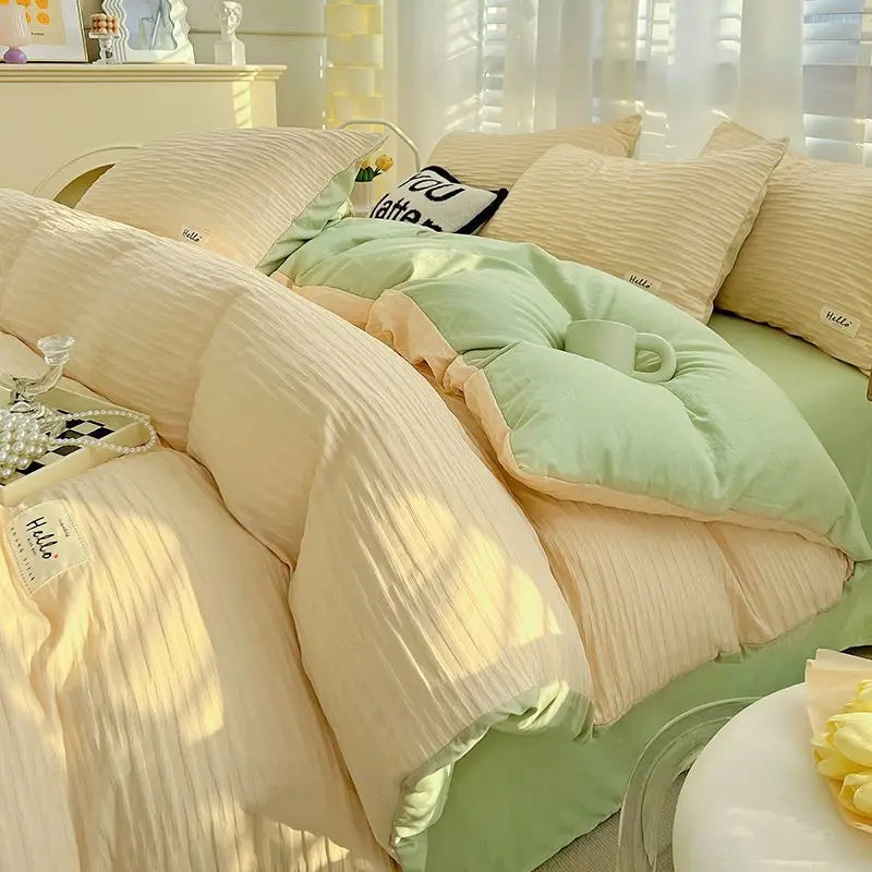 Seersucker Bedding Sets Solid Color Washed Cotton Microfiber Duvet Cover Flat Sheet Pillowcases Soft Duvet Cover Sets