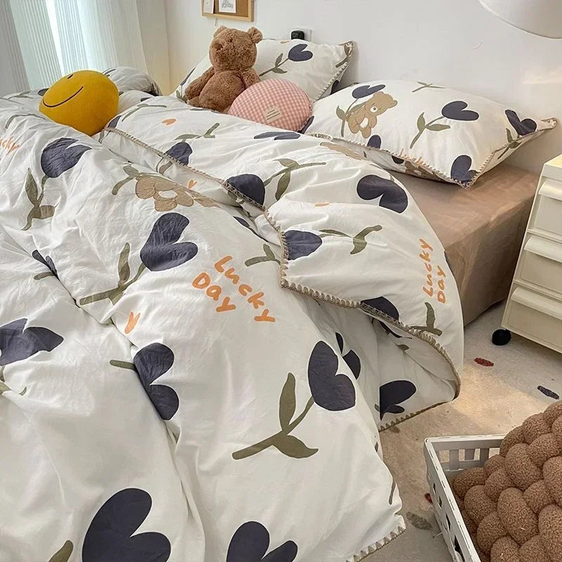 Bedding Set Girls Cherry Soft Washed Cotton Bed Sheet Queen King Size Duvet Set Comforter Set Pillowcase Bed Linens