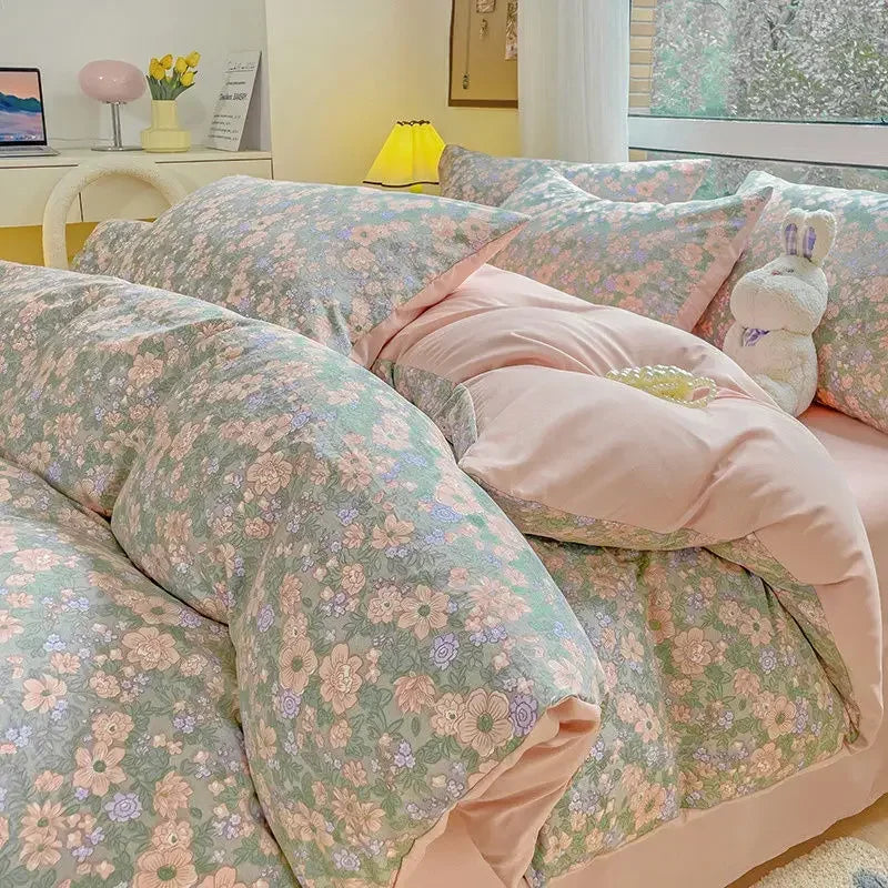 Bedding Set Girls Cherry Soft Washed Cotton Bed Sheet Queen King Size Duvet Set Comforter Set Pillowcase Bed Linens