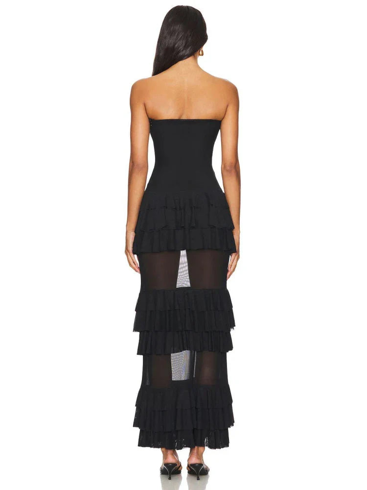 Black Ruffles Patchwork Strapless Maxi Dress