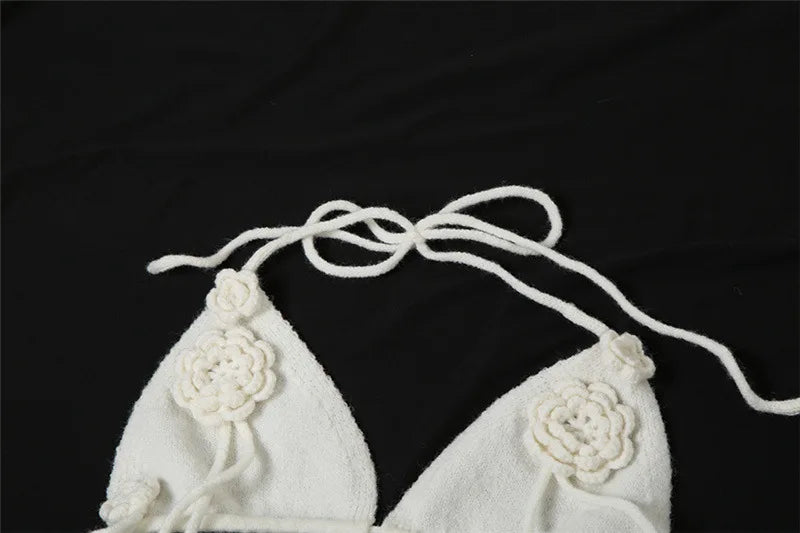 Flower White Knitted Bikini Top Low Waisted Wrap Long Skirt Set