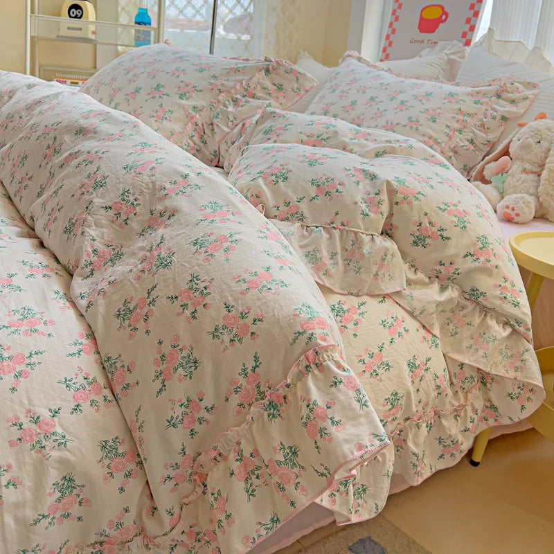 Korean Princess Style Floral Ruffles Bedding Set Washed Cotton Skin-friendly Soft Duvet Covers Set Bed Sheet Pillowcases 3/4Pcs