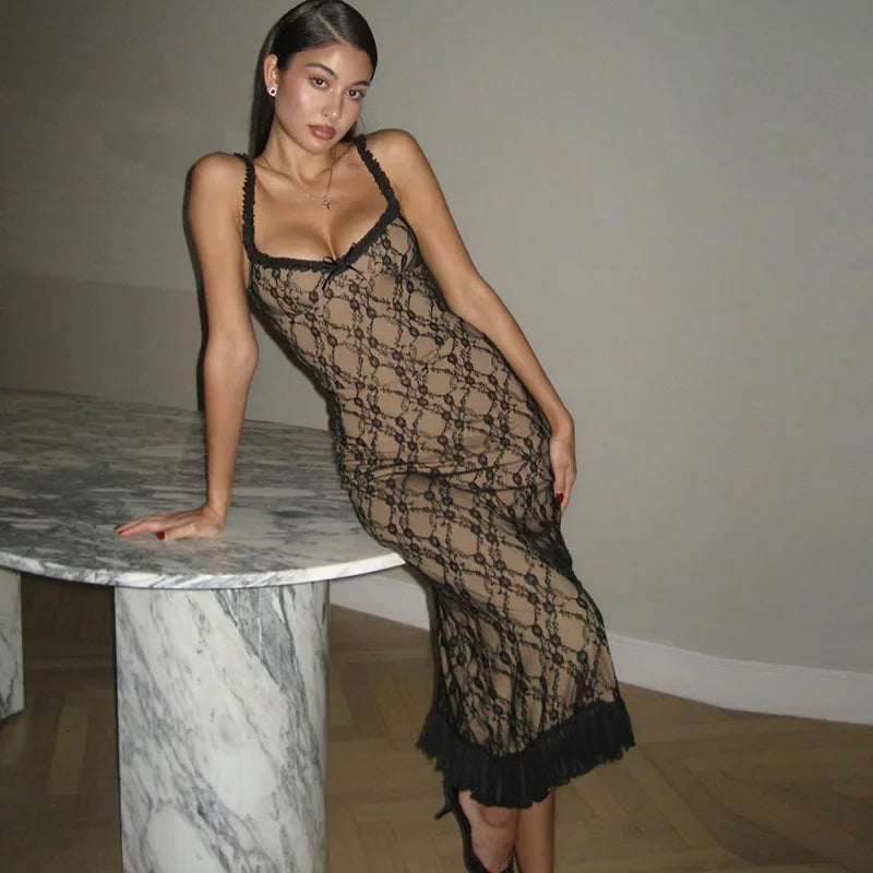 Black Lace Layered Midi Dress