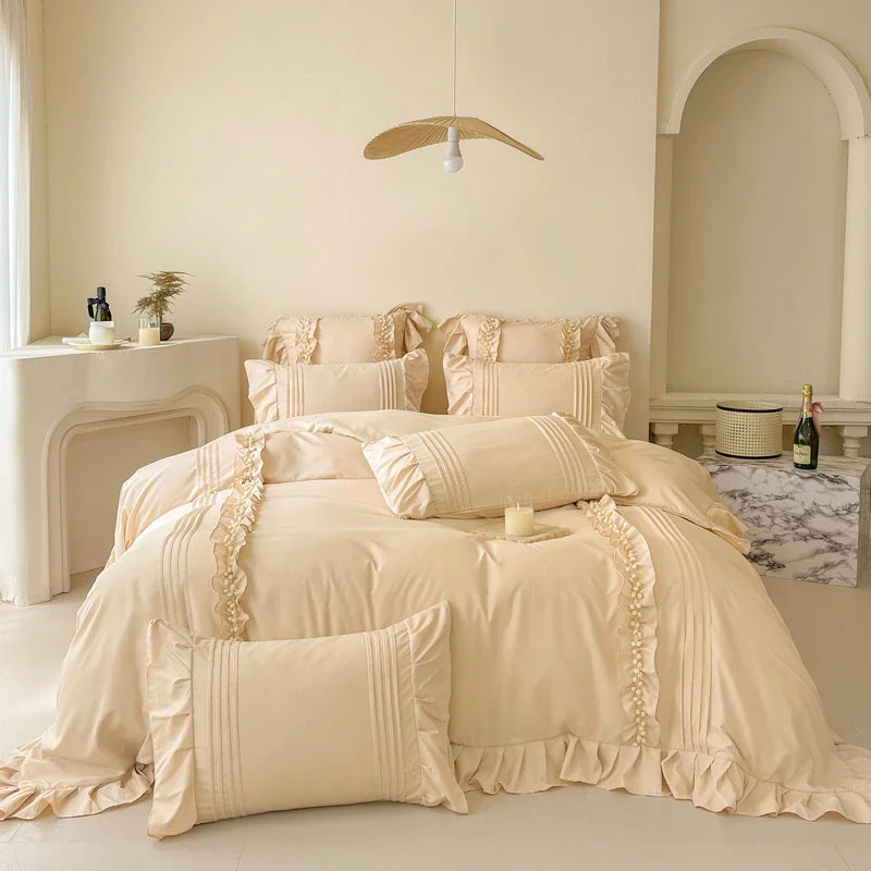 Korean Princess Style Lace Ruffles Bedding Set Solid Color Duvet Cover Set Flat/Fitted Bed Sheet Pillowcases With Pillowcases