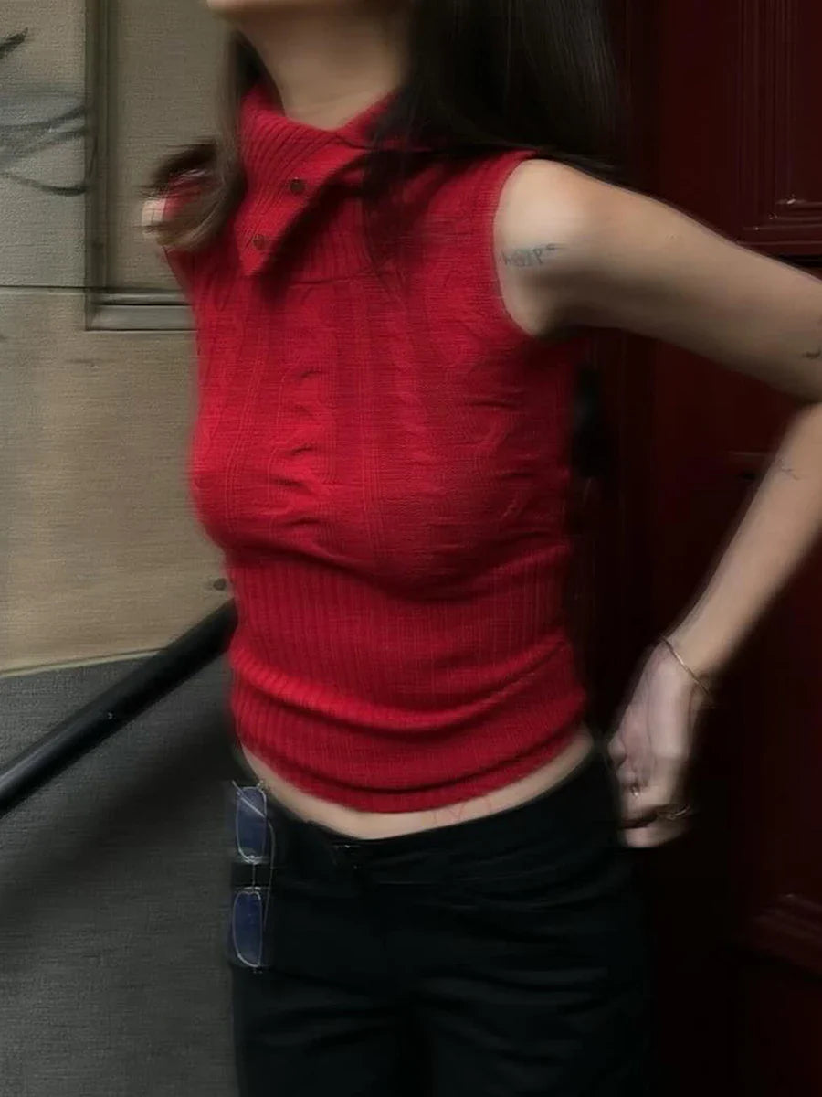 Knit Turtleneck Buttoned Tank Top With Removable Sleeve