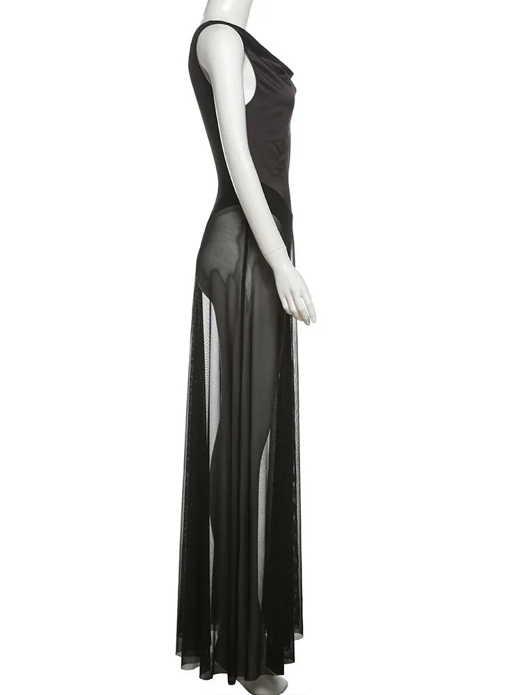 Maxi Sheer Bodysuit Cowl Neck Dress