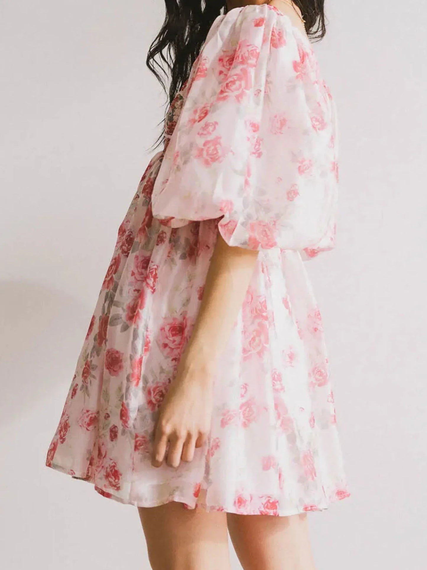 Floral Print Short Puff Sleeve Mesh Layered Babydoll Short Dress