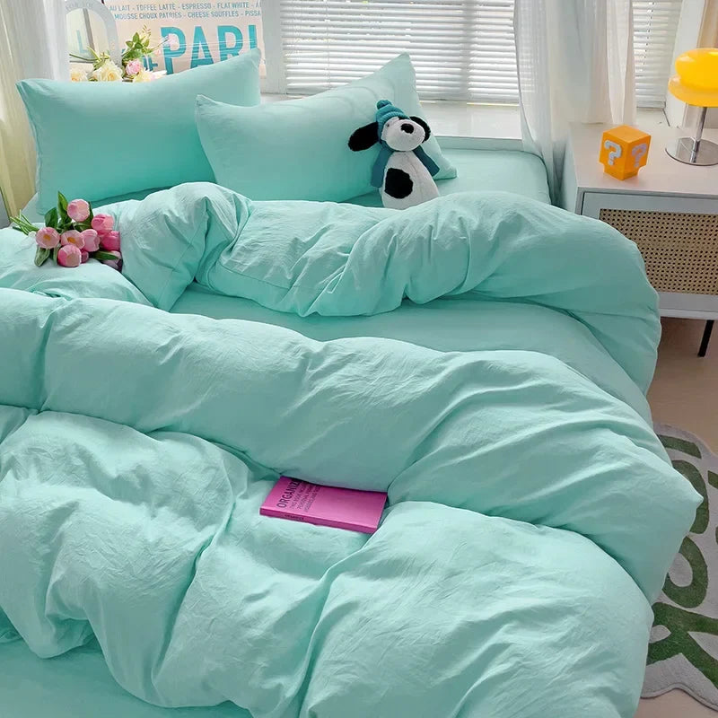 Solid Bed Linen Cotton Bedding Set 4pcs with Sheet Duvet Cover Pillowcases Single Couple Bedsheet Single Couple Twin Size