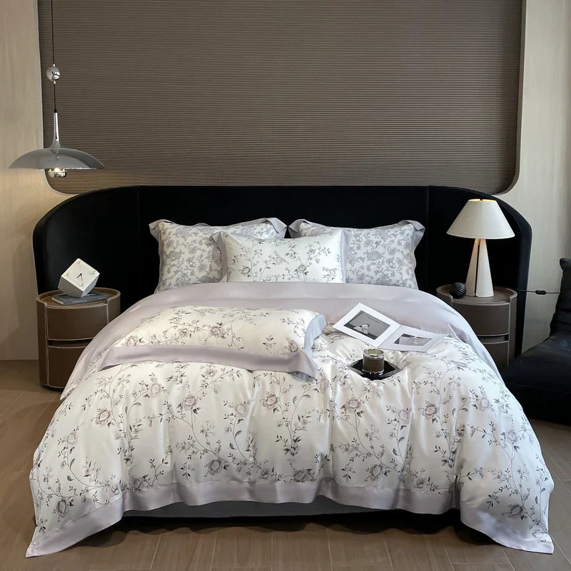 Luxury Digital Printing Flowers and Plants Bedding Set Lyocell Eucalyptus Fiber Soft Silky Duvet Cover Bed Sheet Pillowcase 4Pcs