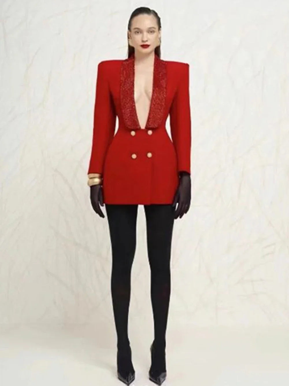 Red Sequin Collar Open Back Blazer Dress