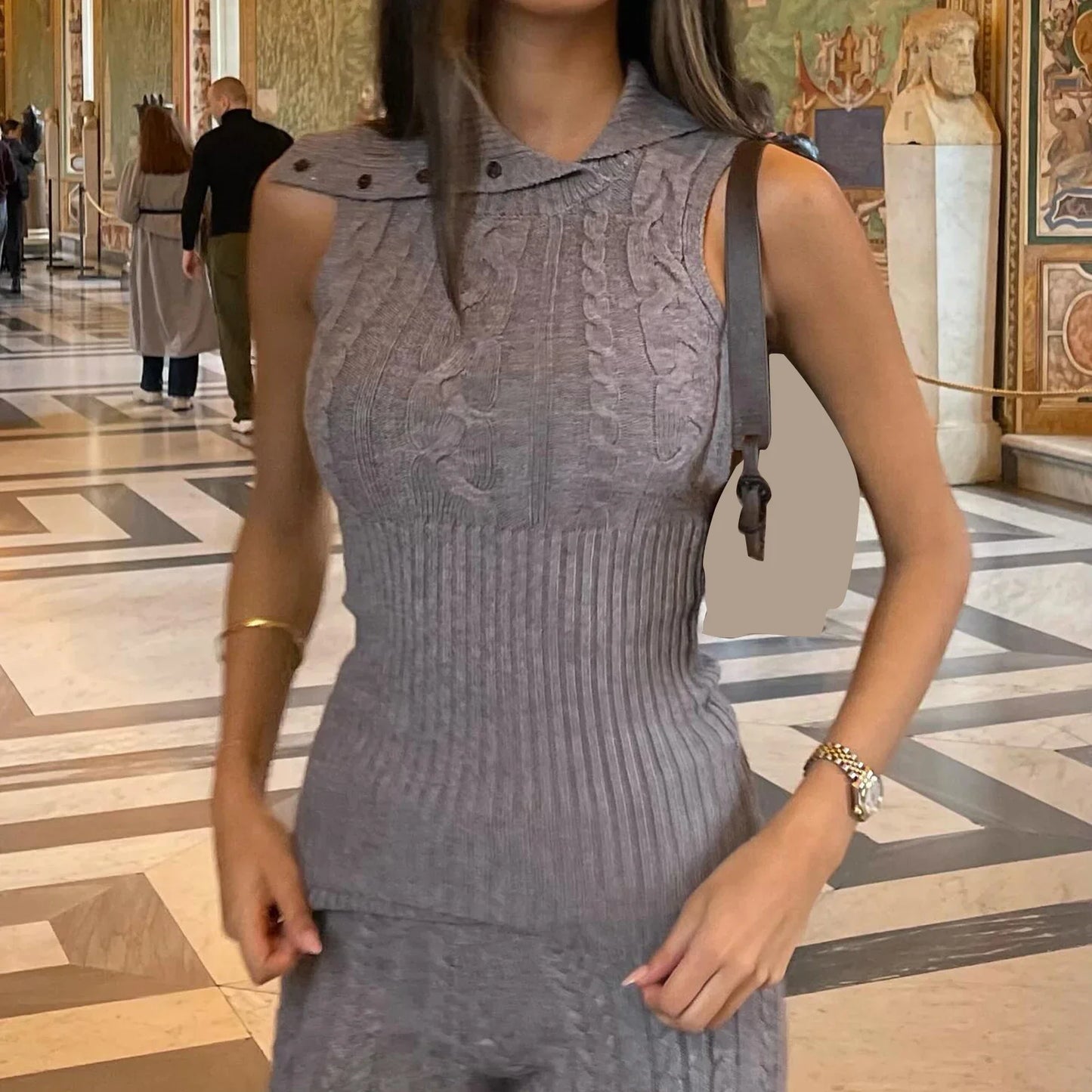Knit Turtleneck Buttoned Tank Top With Removable Sleeve