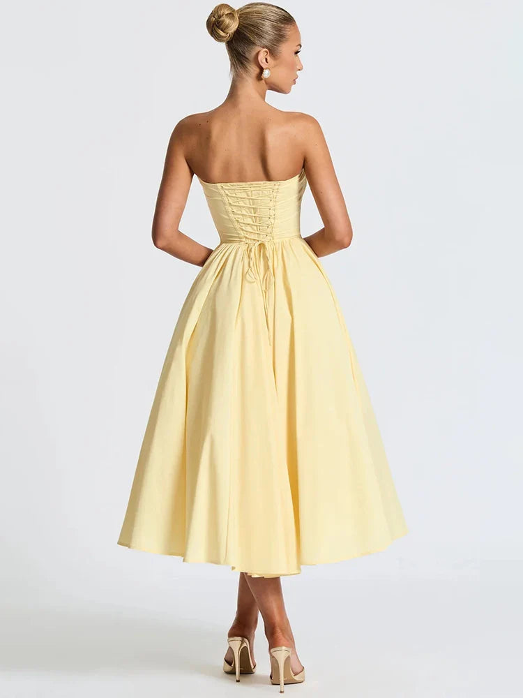 Yellow Strapless A-line Bow Gown Midi Dress