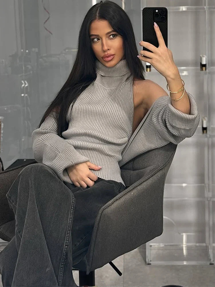 Grey Knit Turtle Neck Removable Sleeve Tank Top