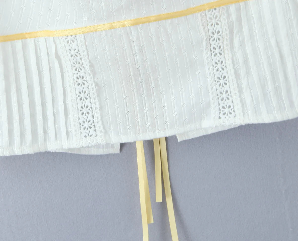 White Ruched Yellow Ribbon Crop Top And Maxi Skirt Set