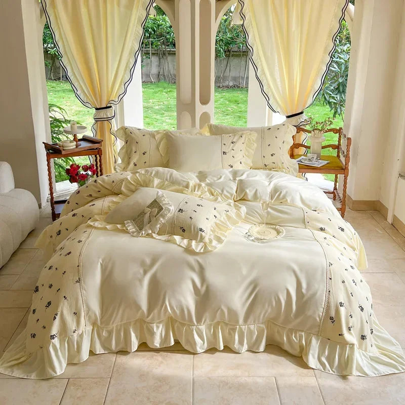 Korean Princess Style Chiffon Bedding Set 100% Cotton Elegant King Size Duvet Cover Set with Sheets Quilt Cover and Pillowcases