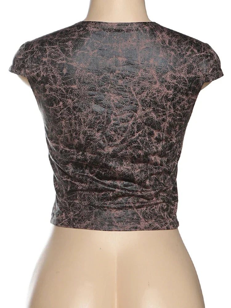 Pu Printed Patchwork Short Sleeve O-neck Top