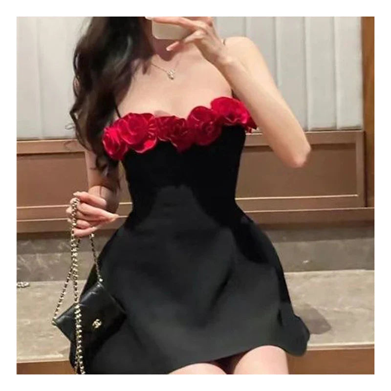 Black Cami 3D Red Flower Mini Dress