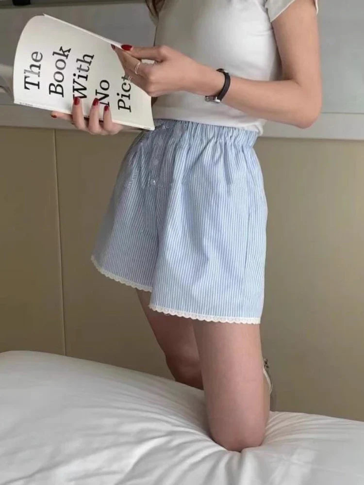 Blue Stripe Lace Trim Boxer Shorts