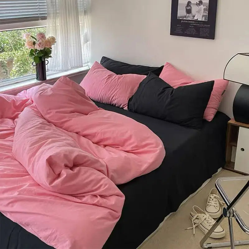 Solid Pink Fashion Style Bedding Set Twin Full Queen Size Duvet Cover Set Adults Kids Simple Korean Bed Flat Sheet Pillowcases