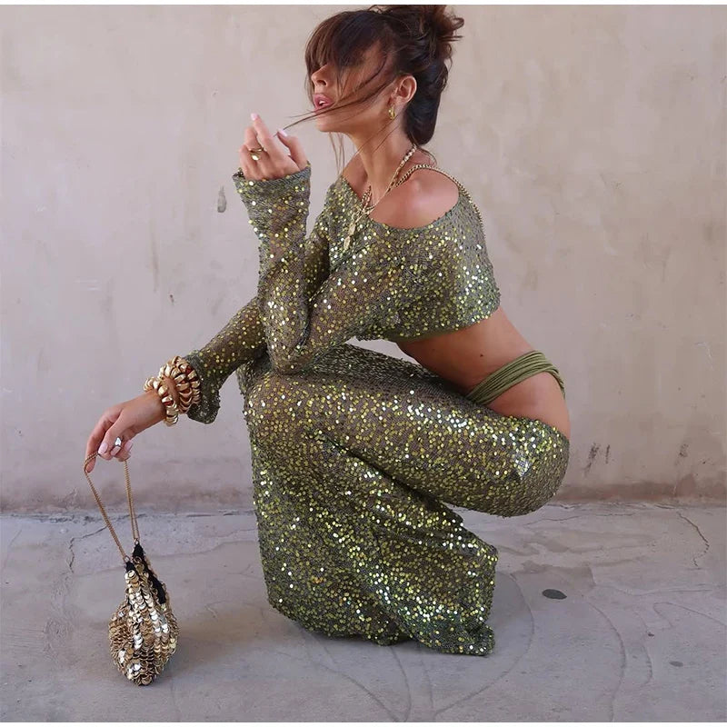 Green Sequin Long Sleeve Top And Maxi Skirt Set