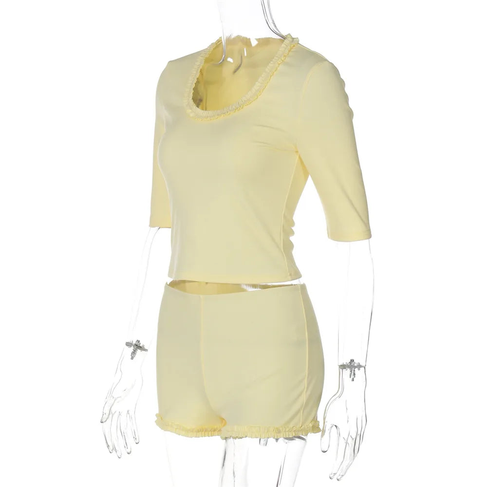 Yellow Ruffled Trim Top And Shorts Set
